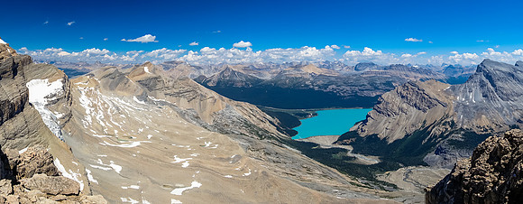 Looking over Bow Lake towards Cirque, Dolomite and Puzzle - OXO - Peak.