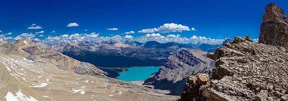 Great view of Bow Lake from near the col, Portal on the right.