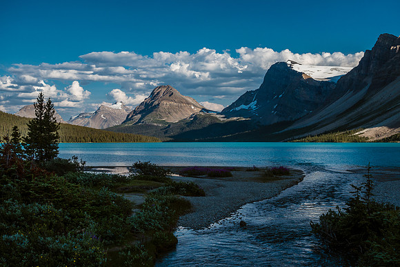 Hiking around Bow Lake as the afternoon shadows grow long.