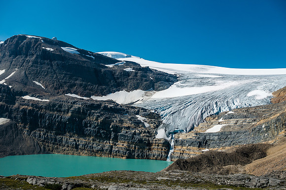 Telephoto of the falls from the Wapta Icefield plunging into Iceberg Lake. This lake was glacier around 50 years ago apparently.