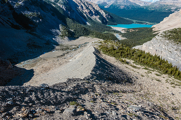 The trail runs to skier's right of the moraine crest