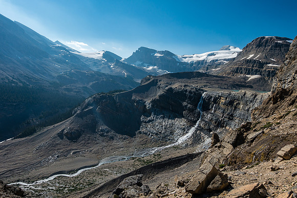 Bow Glacier Falls with Vulture at center and Olive at distance right.