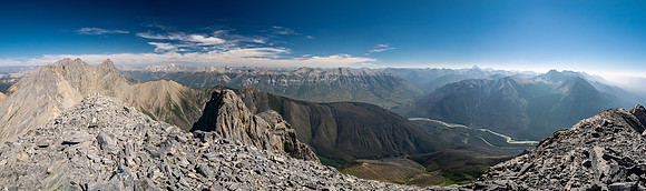 L to R include, White Tail, Ball, Hawk Ridge, Mount Shanks, Simpson Ridge, Assiniboine, Split Peak.