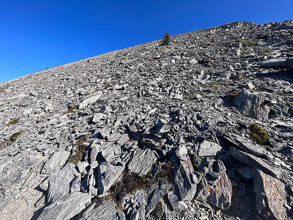 Rubble and scree to the upper SE ridge.