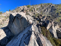 Ascending the SE ridge from the SE gully to the mid-slope trees.