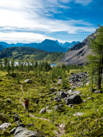 Looking back at Phil and Eohippus Lake as we follow the trail winding up The Ramparts.