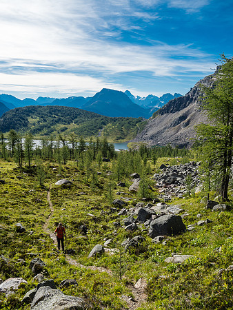 Looking back at Phil and Eohippus Lake as we follow the trail winding up The Ramparts.