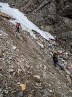 The gully is fairly steep. With more snow or ice crampons and ax(es) would be needed to ascend it.