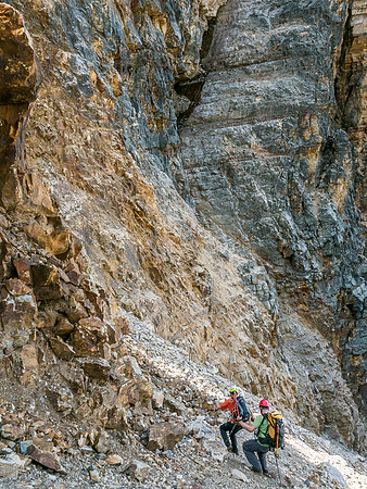 Sticking close together as we start down the loose access gully.