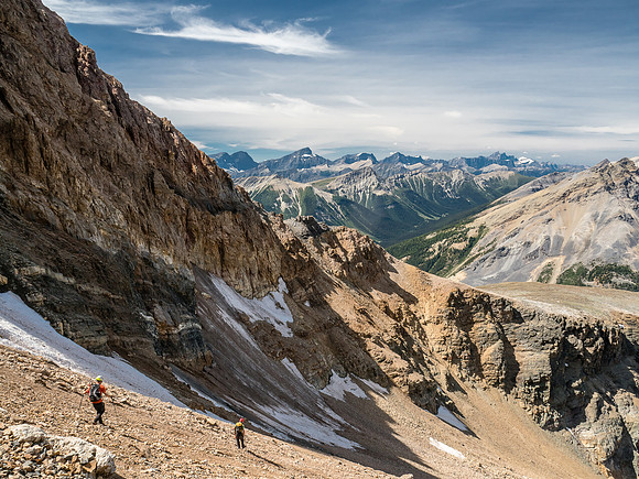 A wonderful day to be enjoying this beautiful view as we descend the giant scree bowl towards the lower access gully.