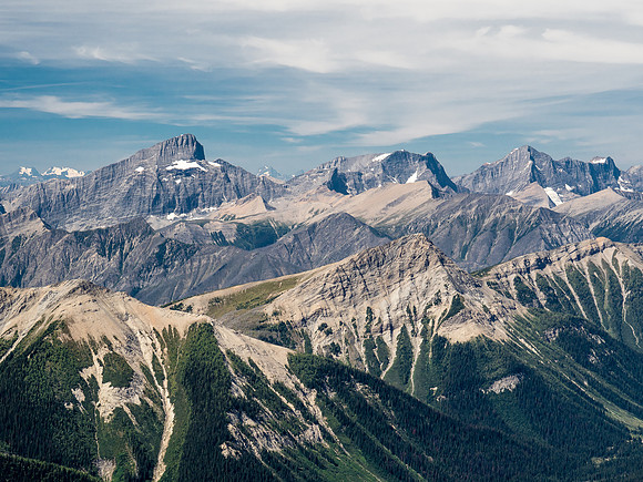 Looking over Hawk Ridge and Hwy 93 (hidden) towards Foster Peak (L) and Numa Mountain (C) with Hewitt and Tumbling Peaks on the right.