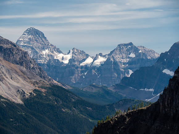 An impressive view of Assiniboine and The Marshall down the Surprise Creek valley.