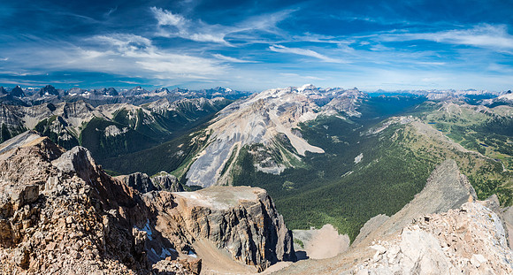Looking over our ascent route / gully up the Pharaoh Creek Valley and towards the Egypt Lake and Mount Ball area with The Rockwall at far left.