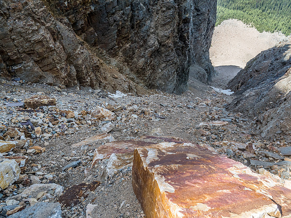 The view down the gully shows why care and a light foot are necessary!