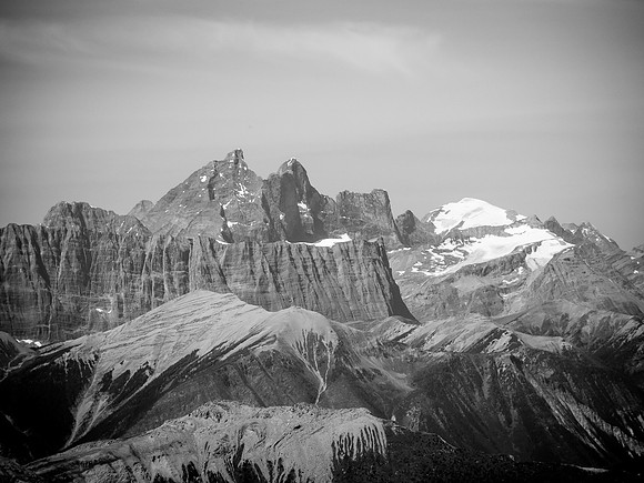 The always impressive Goodsir Towers with Mount Vaux at right with the glacier.
