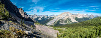 Looking down the other side (west) of The Ramparts along the NW side of The Monarch (L) and towards Pharaoh Lakes and Mount Ball (R).