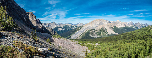 Looking down the other side (west) of The Ramparts along the NW side of The Monarch (L) and towards Pharaoh Lakes and Mount Ball (R).