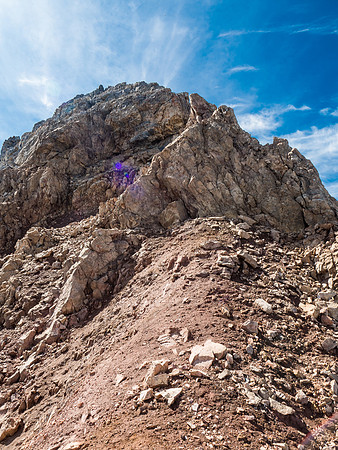 Looking up the very loose and steep north ridge of The Monarch from where I topped out from the scree bowl.