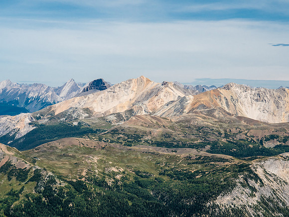 The long NW ridge of Mount Brett (C) stretches out in from of Pilot (C) and Ishbel (L).