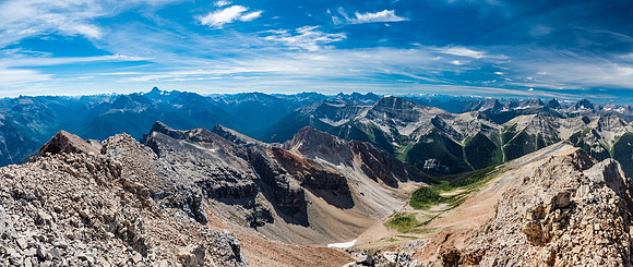Mount Assiniboine at left and Mount Shanks straight ahead in this view south from the summit.