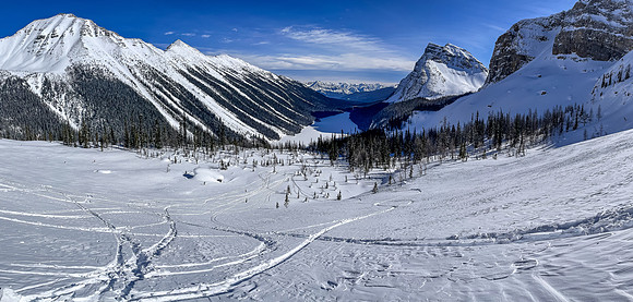 Descent slopes above Boom Lake. We will put the skins on again soon after this.