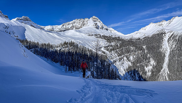 Skins back on, traversing back up to the Boom Col. View looking back.