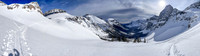 Traversing avalanche slopes into the upper SE valley.