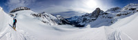 Traversing avalanche slopes into the upper SE valley.