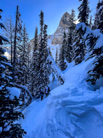 Skiing under a Chickadee Peak outlier.