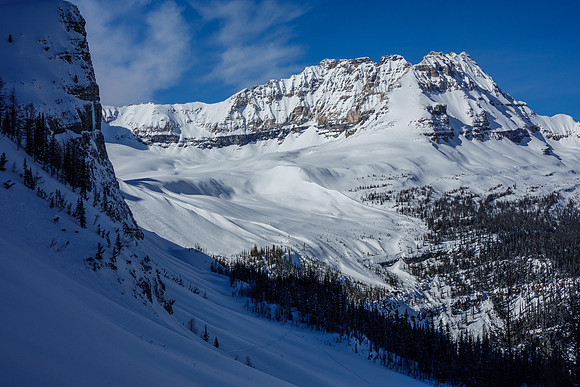 Skins back on, traversing back up to the Boom Col. View looking back.