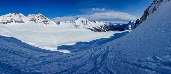 Skiing the north glacier from the Chimney Col.