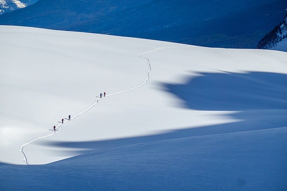 Skiing moraines in Boom valley as we traverse to the Boom col.