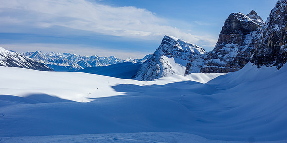 Skiing moraines in Boom valley as we traverse to the Boom col.