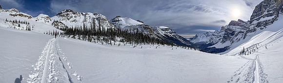 Skiing up moraines at the back of Chickadee Valley.