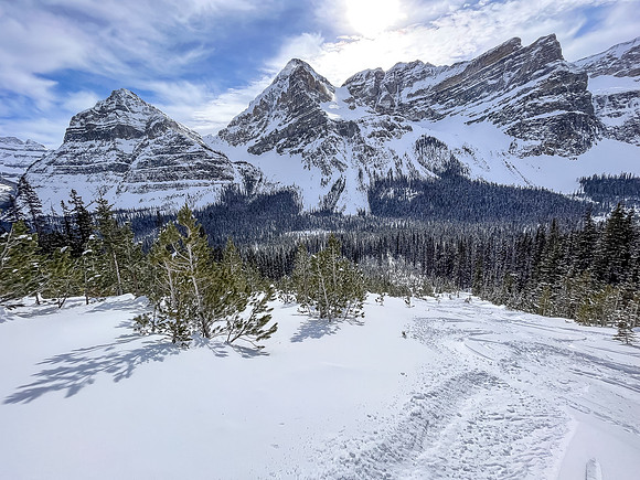 Skiing the slide path in front of Mount Whymper.