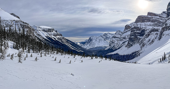 Skiing up moraines at the back of Chickadee Valley.
