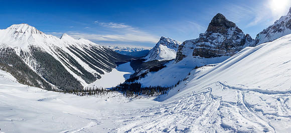 Descent slopes above Boom Lake. We will put the skins on again soon after this.