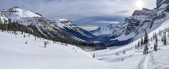 Skiing up moraines at the back of Chickadee Valley.