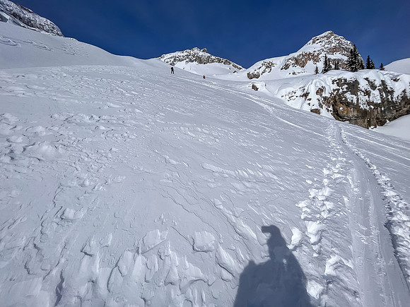 Skiing up moraines at the back of Chickadee Valley.