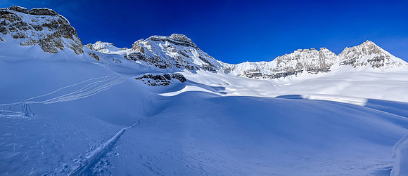 The north glacier behind us now as we ski Boom Valley. Quadra and Biden in the distance.