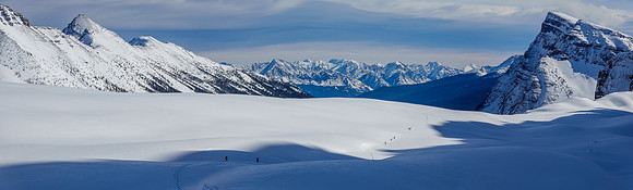 Skiing moraines in Boom valley as we traverse to the Boom col.