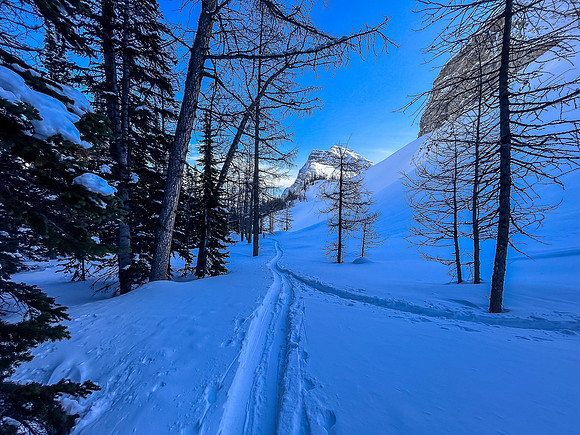 Skiing under a Chickadee Peak outlier.