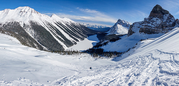 Descent slopes above Boom Lake. We will put the skins on again soon after this.