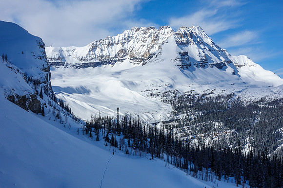 Ascending to Boom Col, views back to Mount Bident.