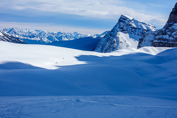Skiing moraines in Boom valley as we traverse to the Boom col.