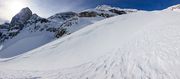 Skiing up moraines at the back of Chickadee Valley.
