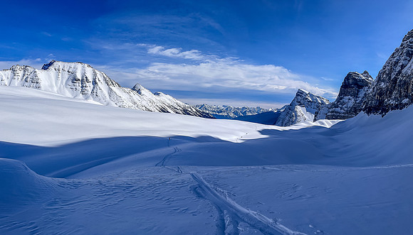 Skiing moraines in Boom valley as we traverse to the Boom col.