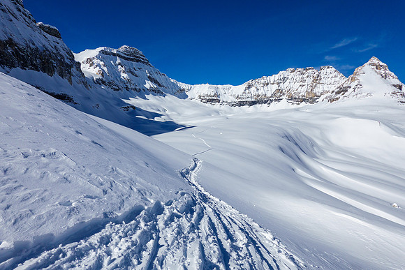 The north glacier behind us now as we ski Boom Valley.