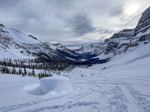 Skiing up moraines at the back of Chickadee Valley.