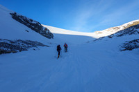 Skiing to the Wapta Icefield headwall above the Bow Hut.